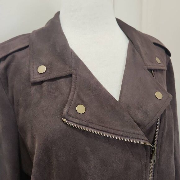 Style &  Co. Faux Suede Dark Coffee Bean Brown Moto Jacket, L, NWT - Picture 2 of 7